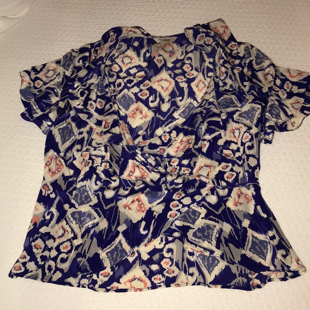 Navy Ikat Ruffled Silk Wrap Top